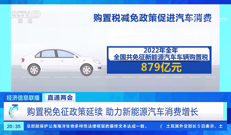 央视经济信息联播：直通两会 购置税免征政策延续 助力新能源汽车消费增长